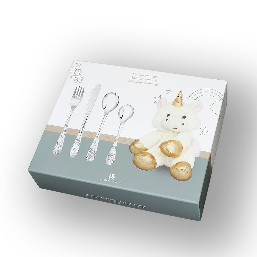 Rustfrit stål bestik m. enhjørning inkl. bamse