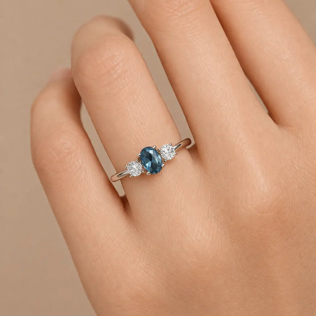 Sølv Blå Tre-stens Ring