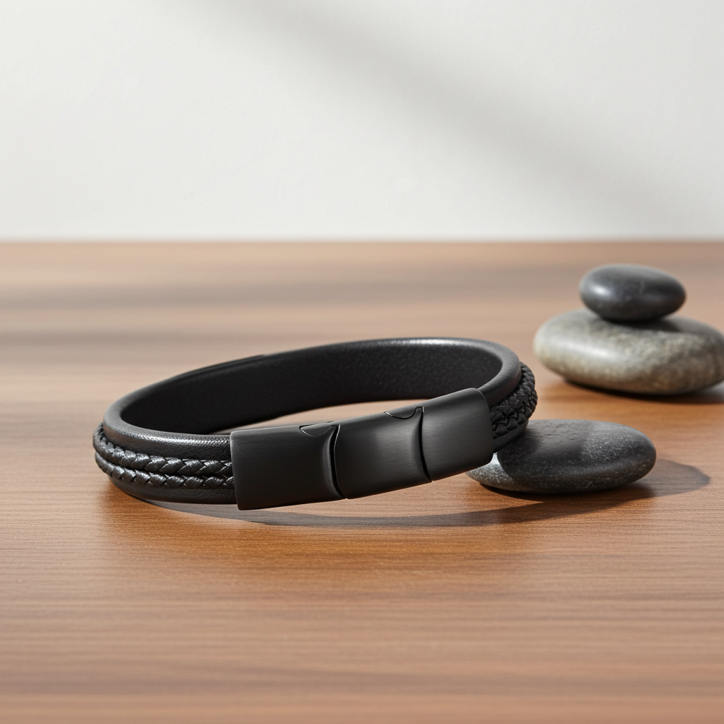 Flettet Læderarmbånd Sort Flet