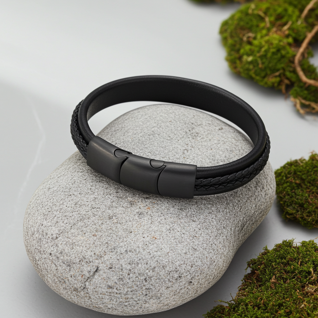 Flettet Læderarmbånd Sort Flet