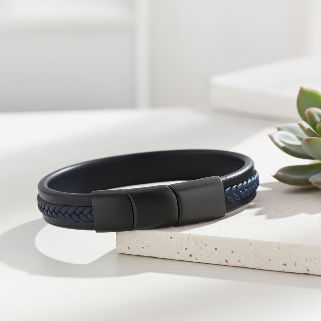 Flettet Læderarmbånd Blå Flet