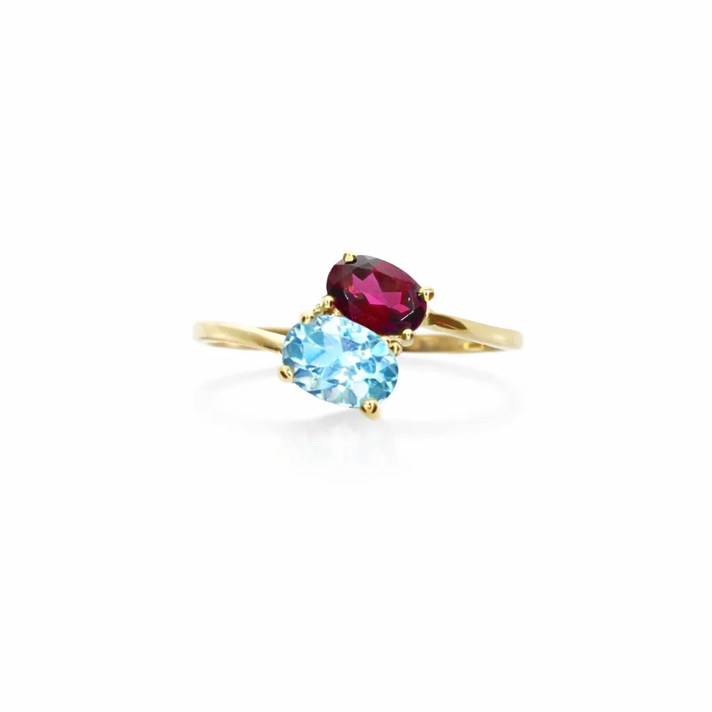 8 Karat Rhodolit Og Akvamarin Ring