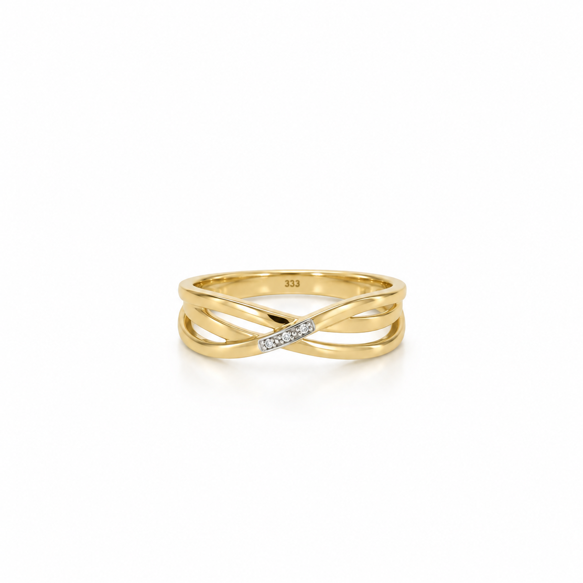 Elegant 8 kt guldring med flettet design og zirkoner