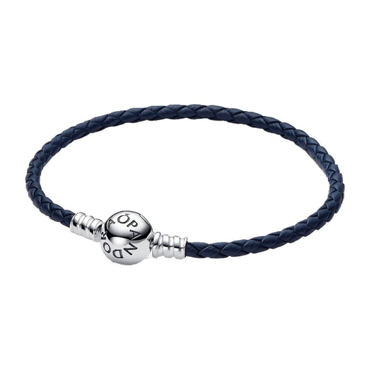 Pandora Moments Blå Flettede læderarmbånd med rund lås