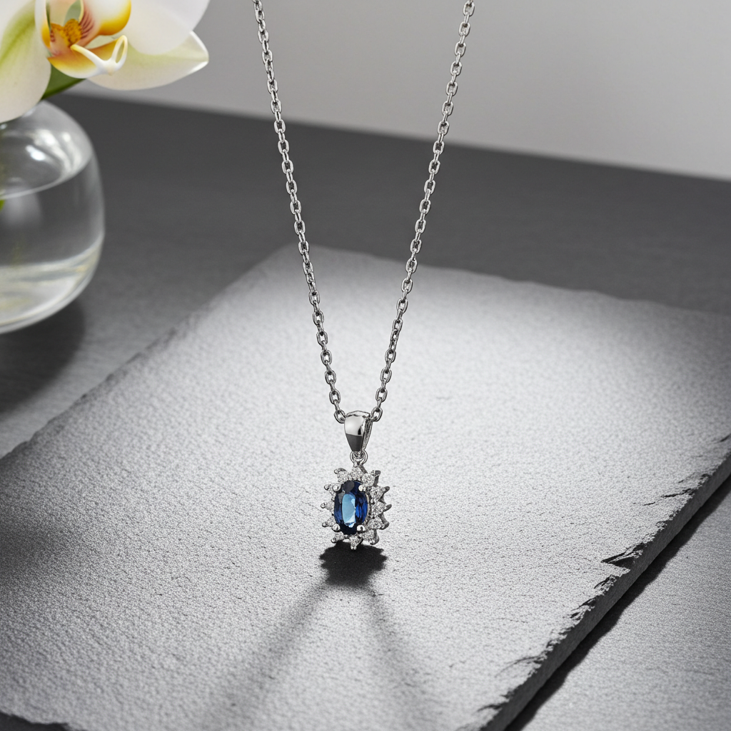 14 Karat Hvidguld Safir Roset Vedhæng