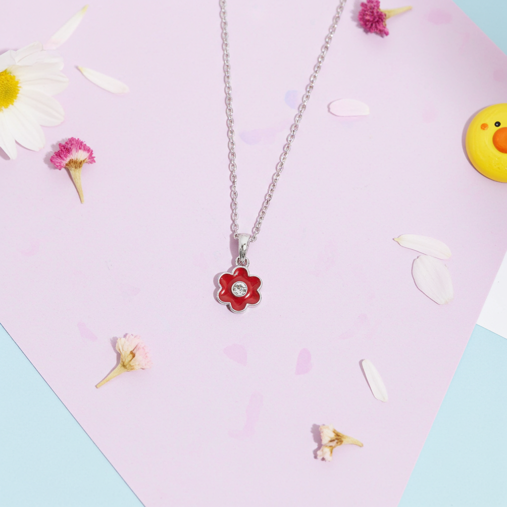 Sølv Rød Blomst Halskæde