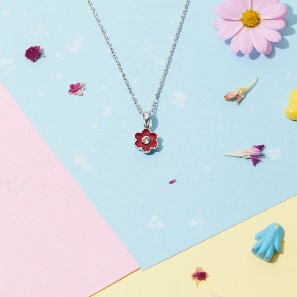 Sølv Rød Blomst Halskæde