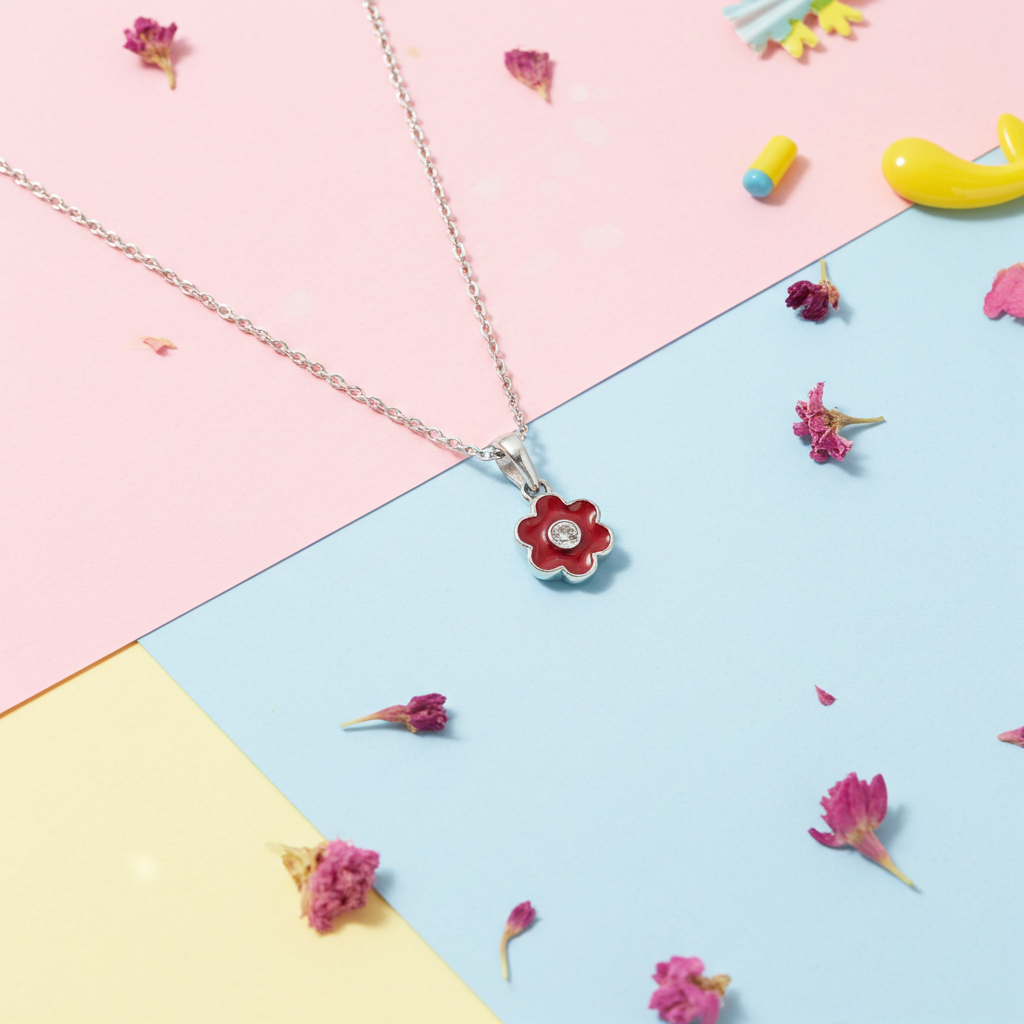 Sølv Rød Blomst Halskæde