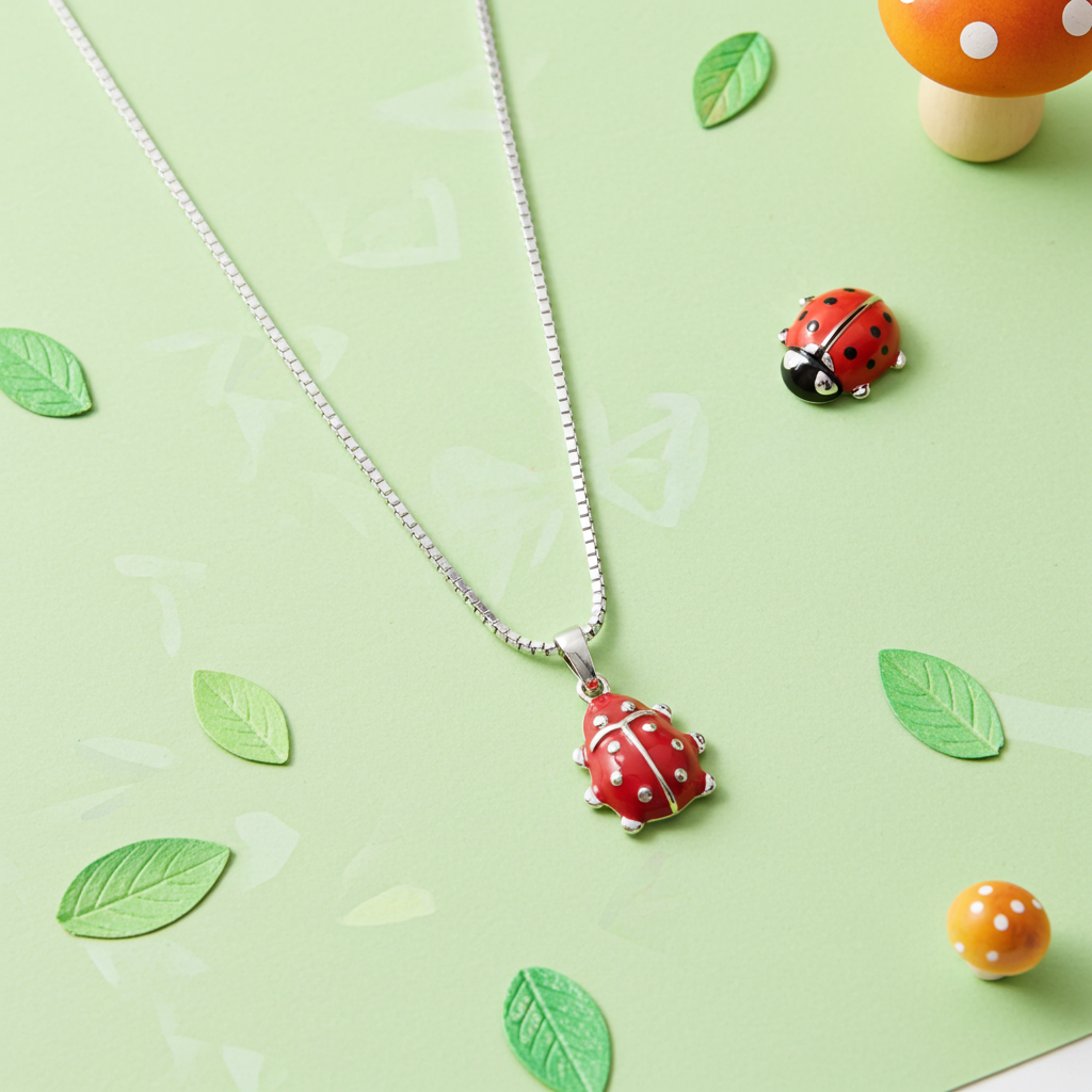 Sølv Rød Mariehøne Halskæde