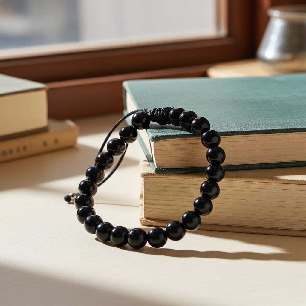 Flettet Armbånd med Sort Agat 6mm