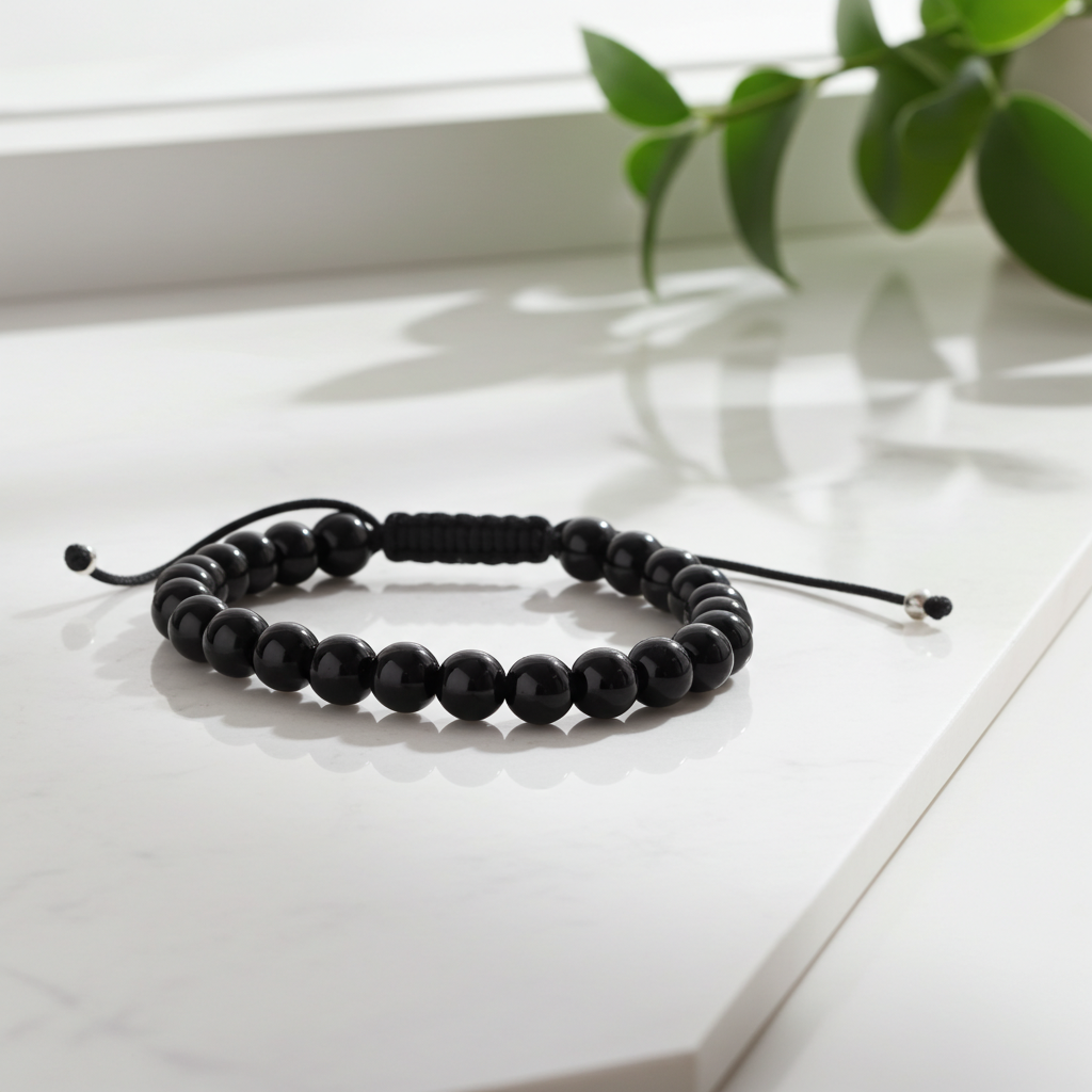 Flettet Armbånd med Sort Agat 6mm