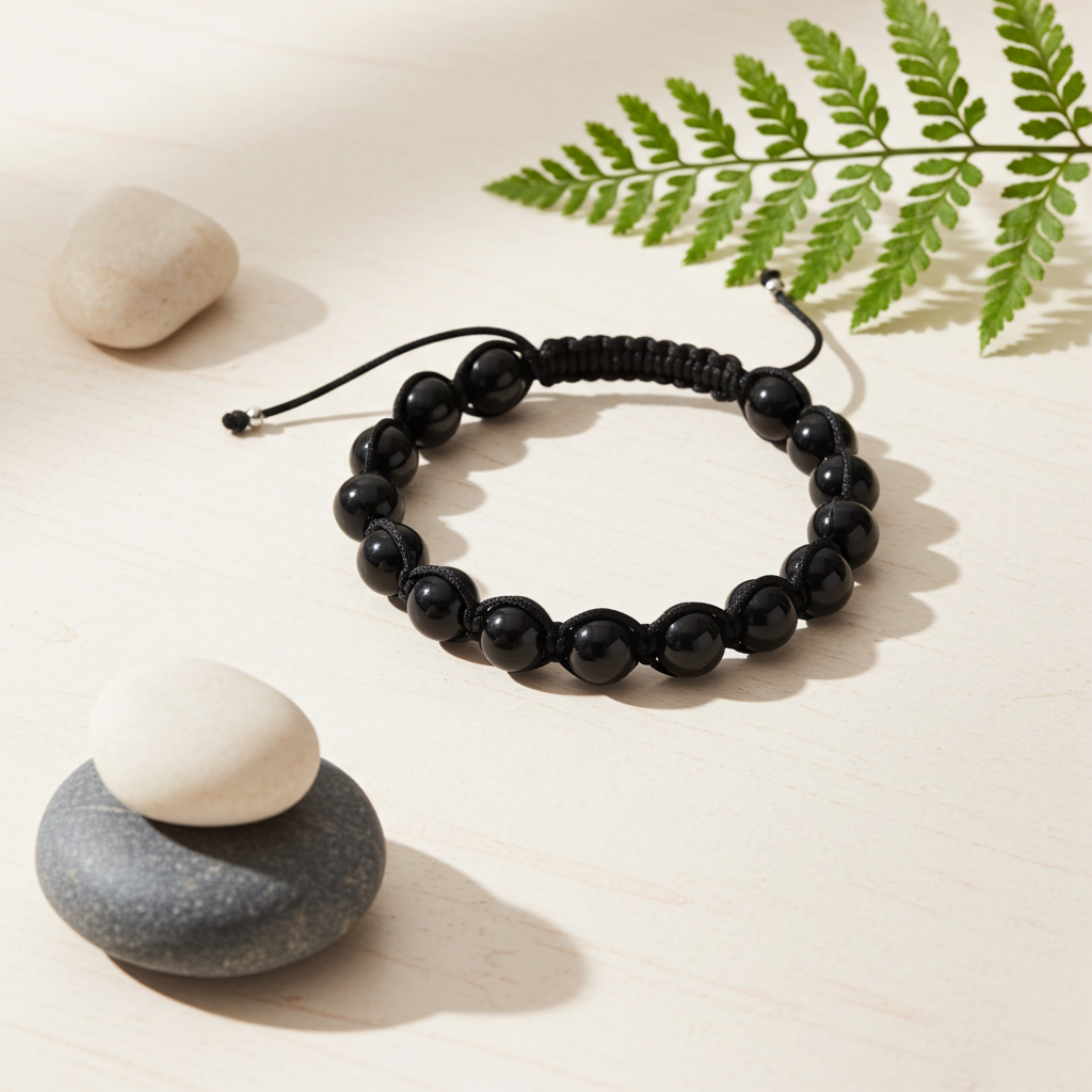 Flettet Armbånd med Sort Agat 10mm