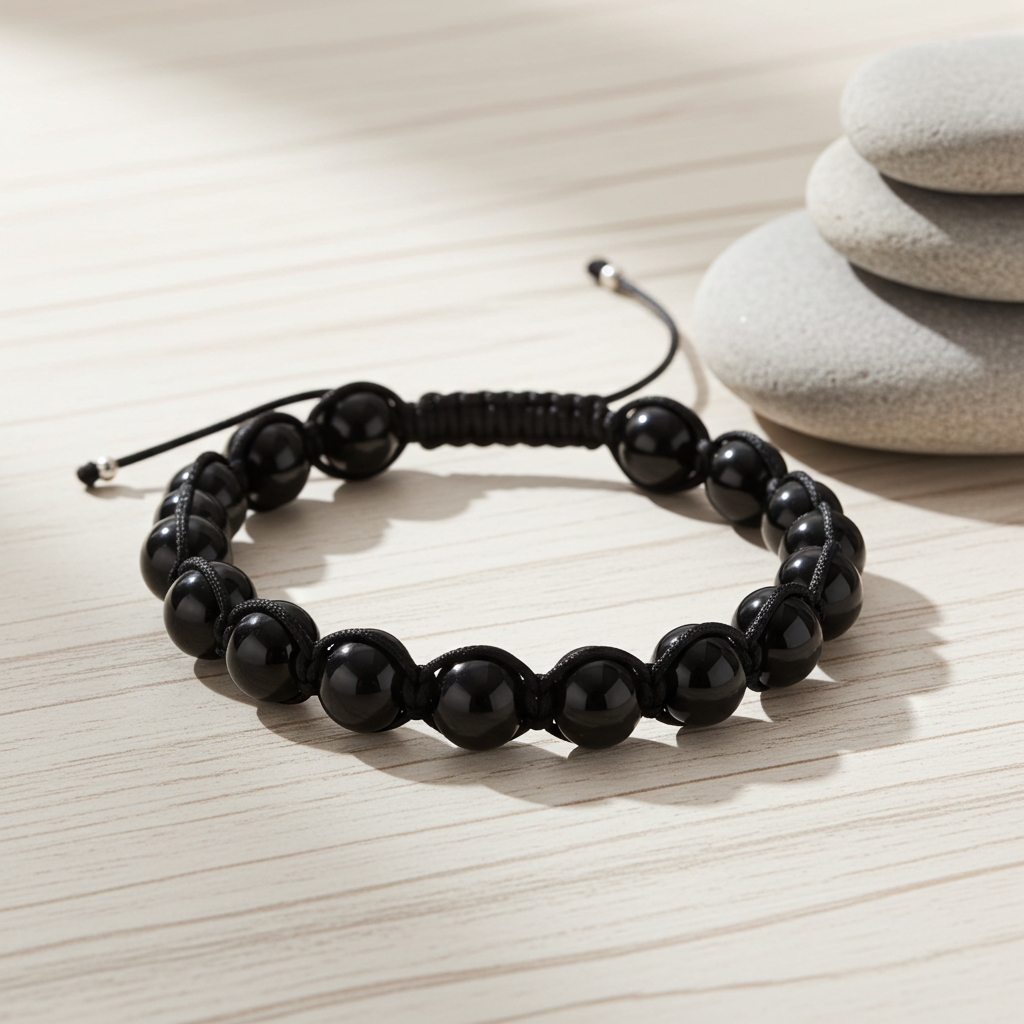 Flettet Armbånd med Sort Agat 10mm