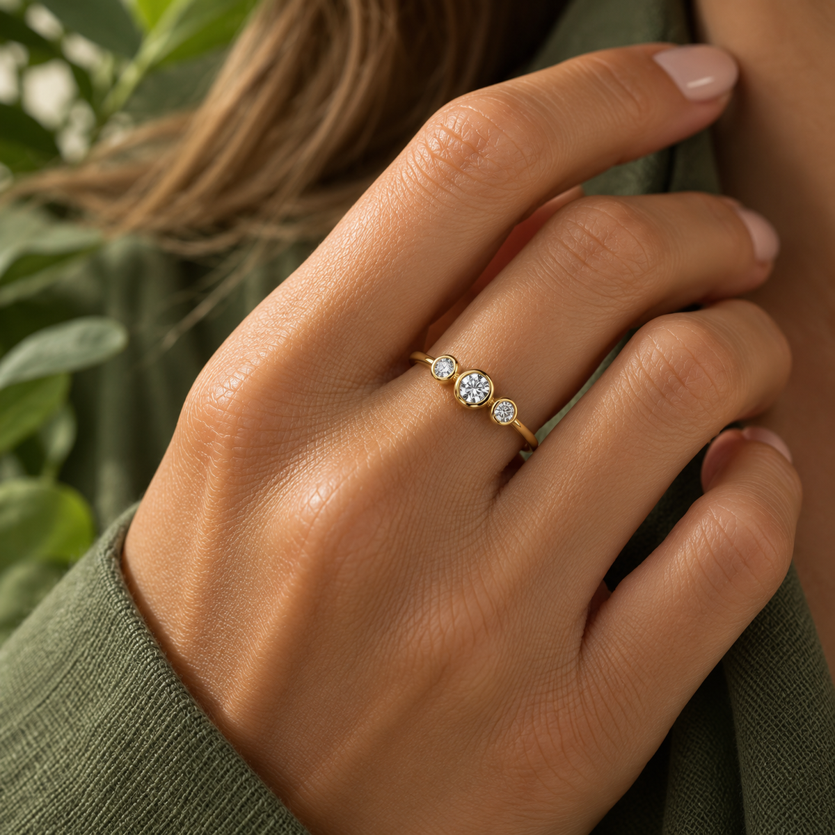 Amalie – forgyldt ring med tre kubiske zirkoner