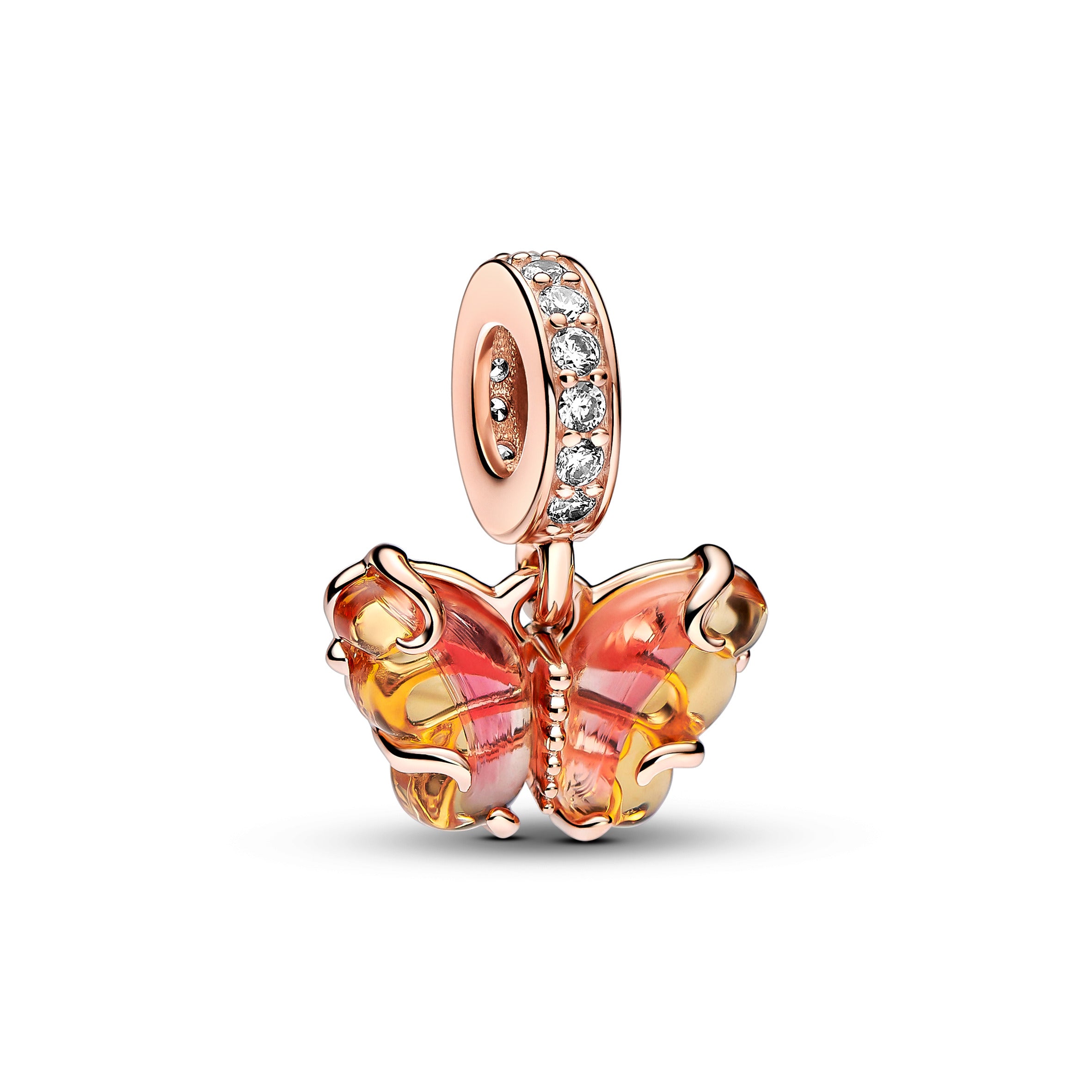 Pink og gul Muranoglas sommerfugl charm