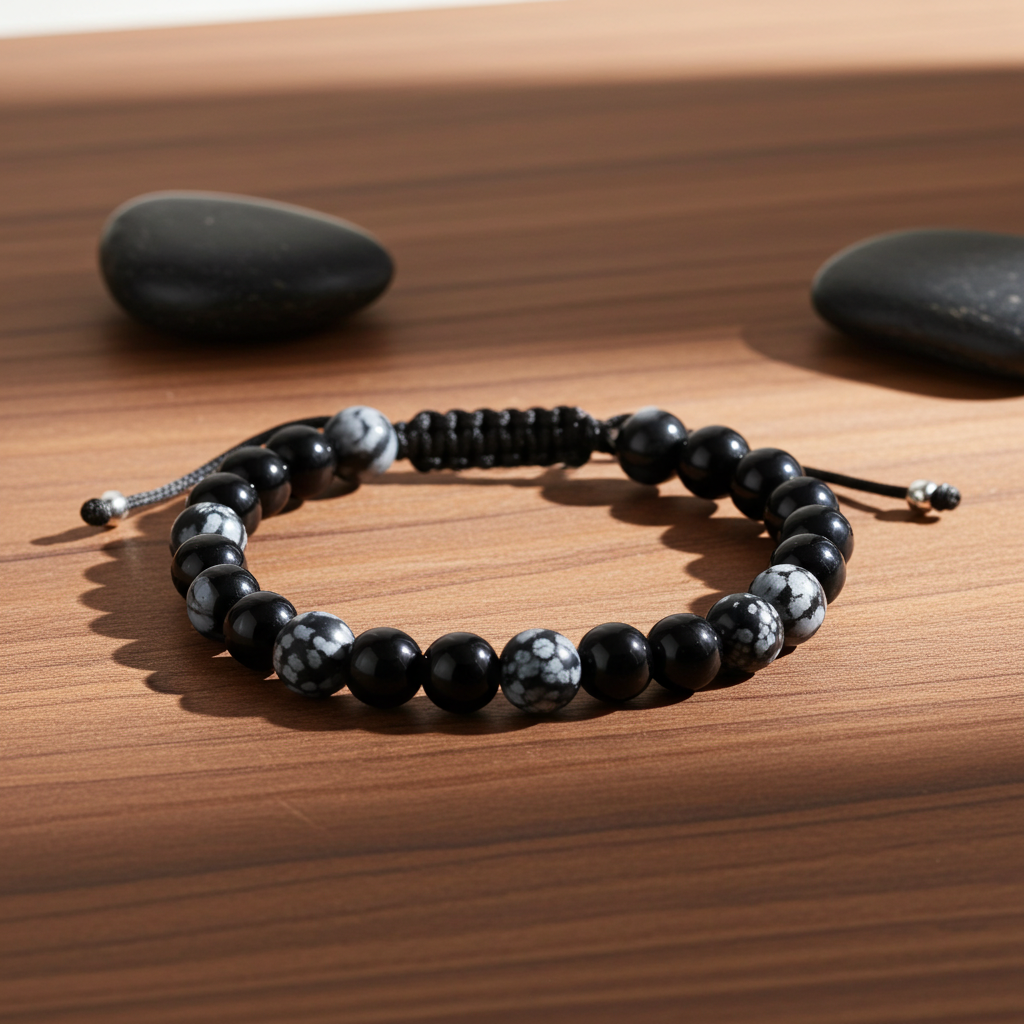 Flettet Armbånd med Snow Flake og Sort Agat 6mm
