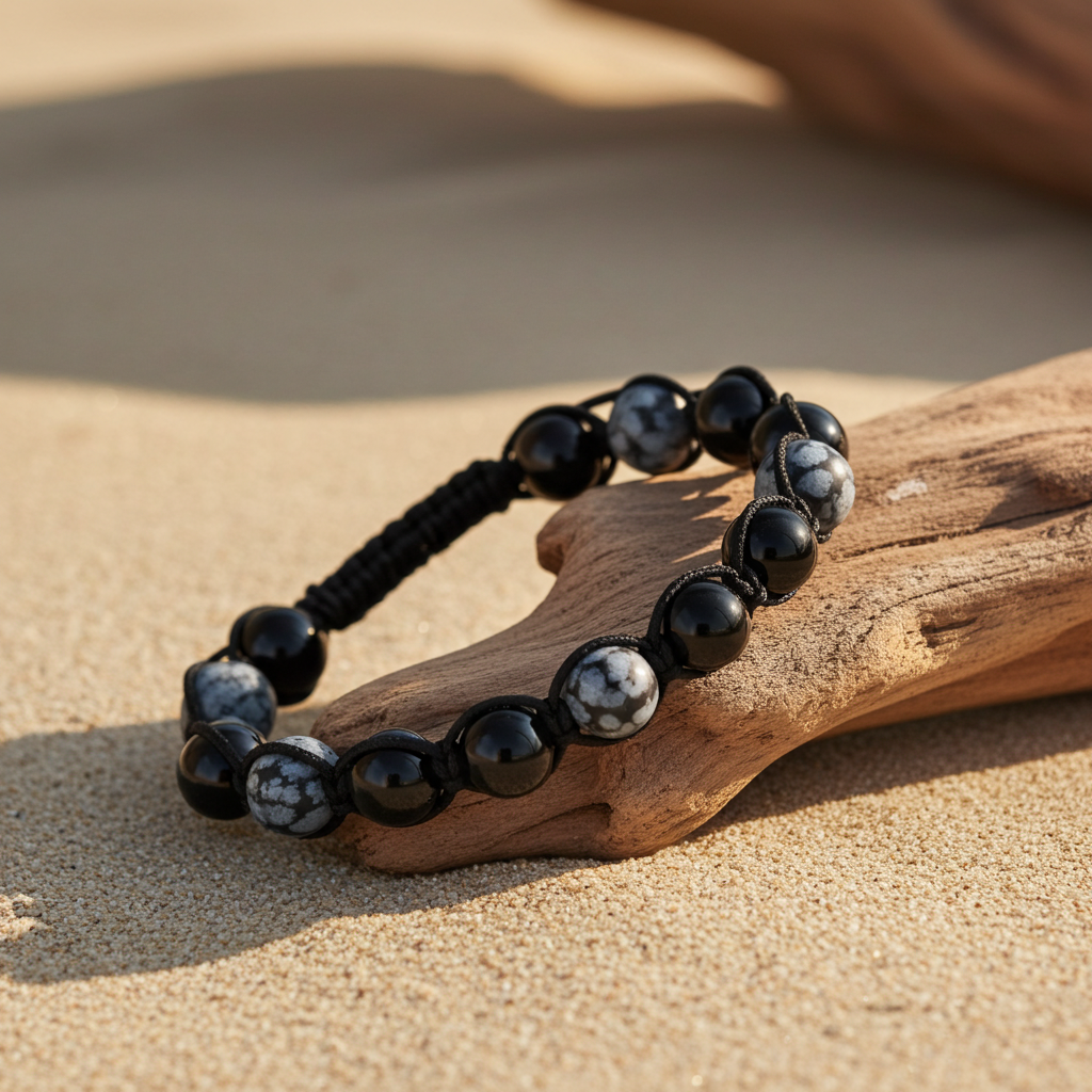 Flettet Armbånd med Snow Flake og Sort Agat 10mm