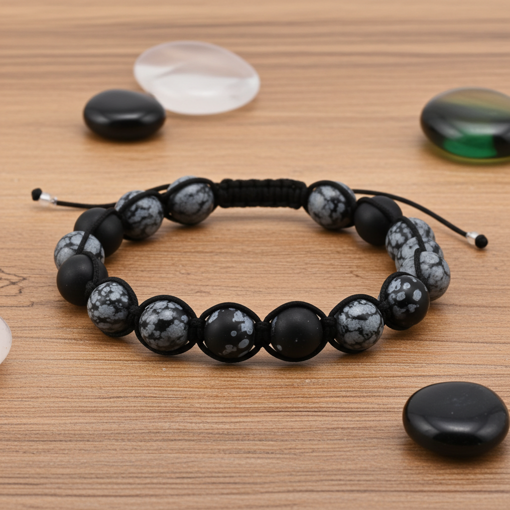 Flettet Armbånd med Snow Flake Agat 10mm